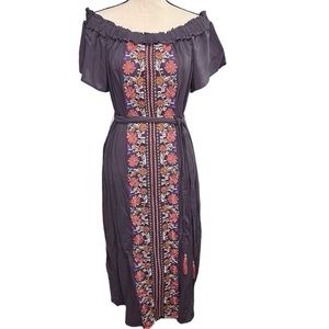 Vici youthful spirit dark grey floral embroidered off the shoulder midi dress